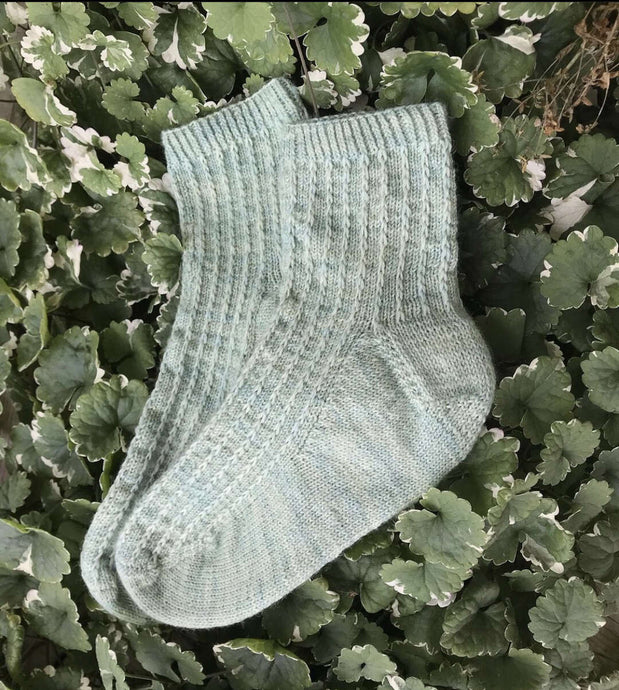 Elise sock knitted in sock - shady jade - knitted by knit by maud